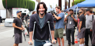 Keanu Reeves, alvorligt såret, fotograferet på krykker under optagelserne af "Good Fortune"