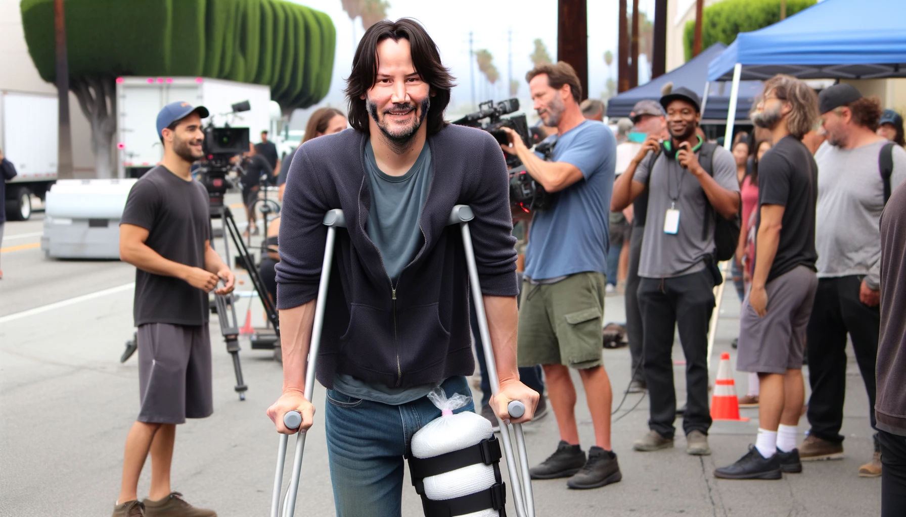 Keanu Reeves, seriously injured, photographed on crutches during the filming of "Good Fortune"