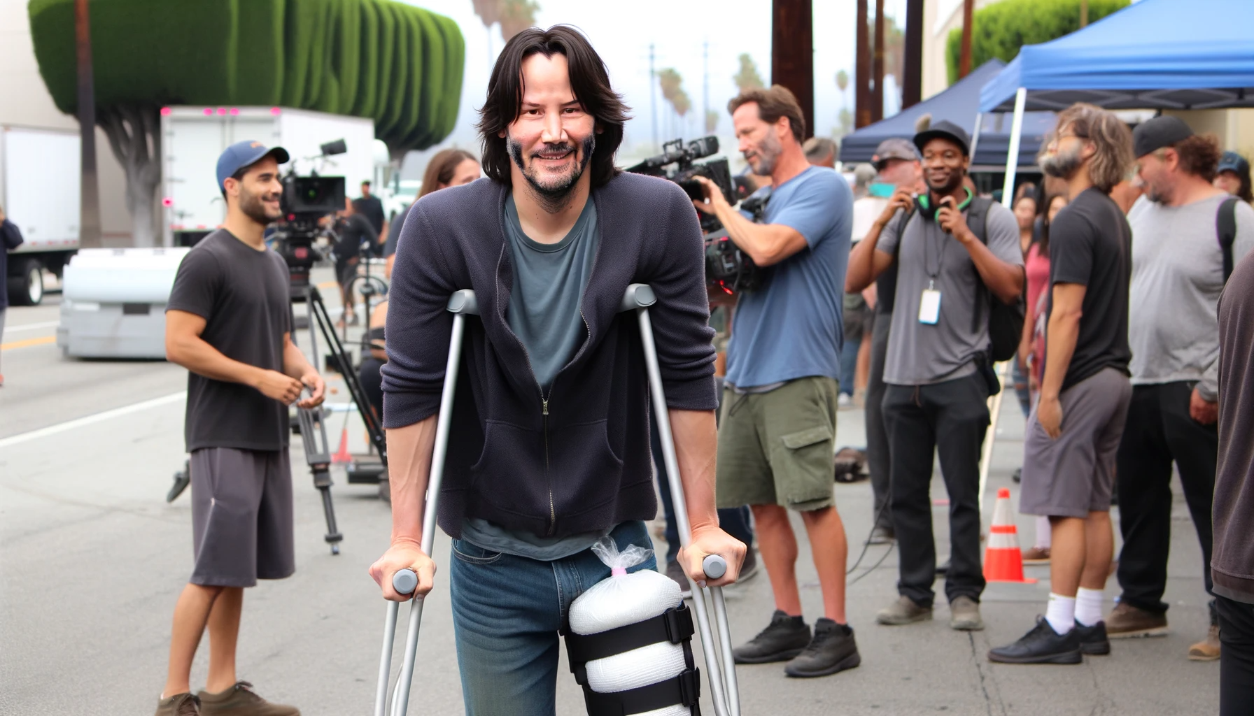 Keanu Reeves, ciężko kontuzjowany, sfotografowany o kulach podczas kręcenia „Good Fortune”