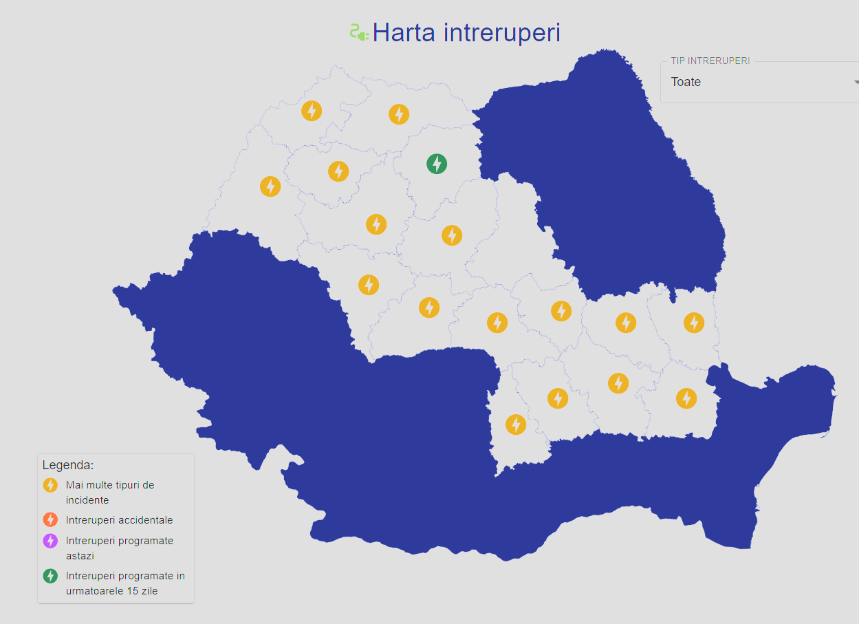 Electrica Informazioni AVVERTENZE Clienti ufficiali dell'ULTIMO MOMENTO Tutta la Romania mappa le interruzioni della contea