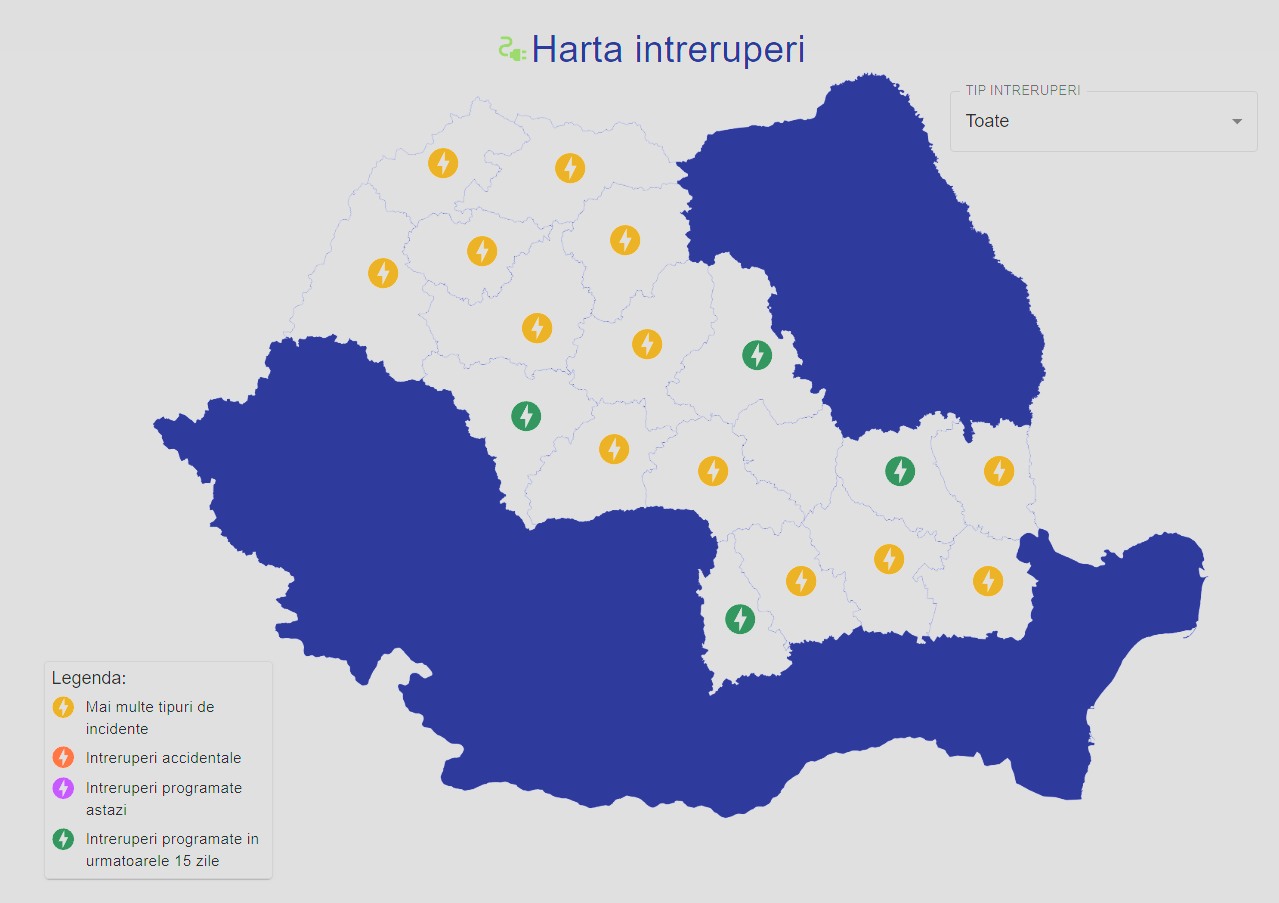 Oficjalne informacje LAST MINUTE dotyczące energii elektrycznej obejmują klientów Wszystkie awarie map Rumunii