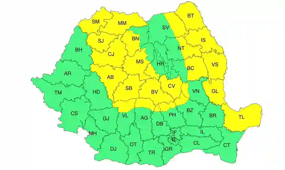 Hartă cod galben atenționare meteo vânt puternic România 29 mai 2026 Hartă cod galben atenționare meteo vânt puternic România 29 mai 2026