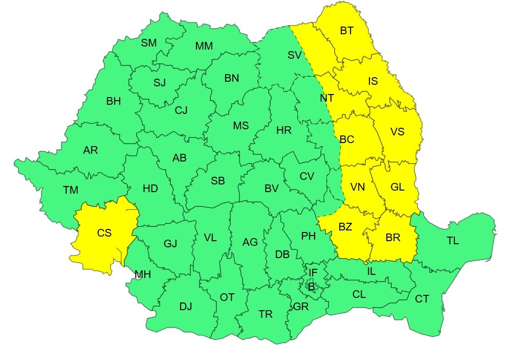 Harta ANM cu atenționarea meteo cod galben de vânt puternic în România pe 21 mai 2026. harta atenționare cod galben anm vânt puternic românia 21 mai 2026