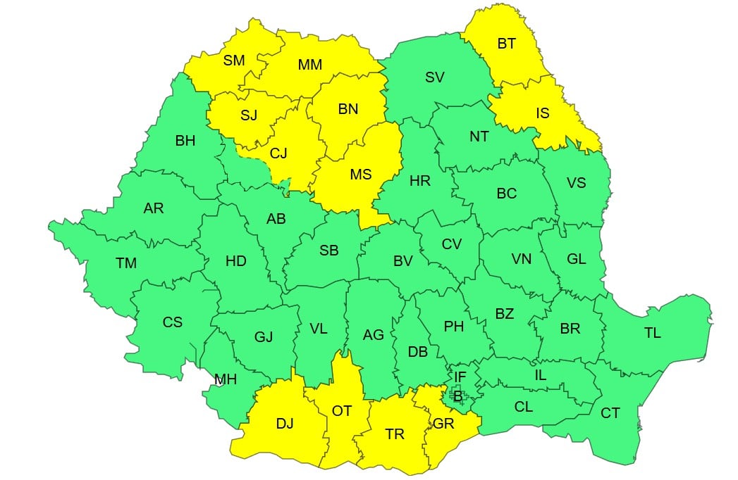 ANM harta cod galben canicula 34 grade Romania 22 iunie 2026 ANM harta cod galben canicula 34 grade Romania 22 iunie 2026