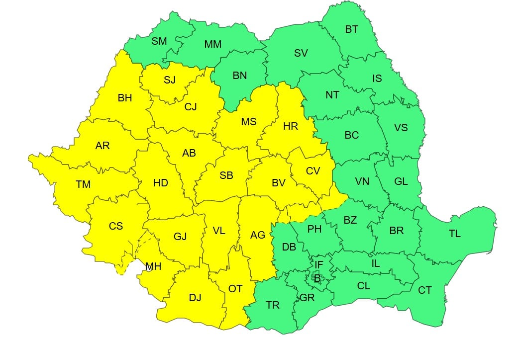 ANM harta cod galben ploi torentiale vant puternic 34 grade Romania 22 iunie 2026 ANM harta cod galben ploi torentiale vant puternic 34 grade Romania 22 iunie 2026