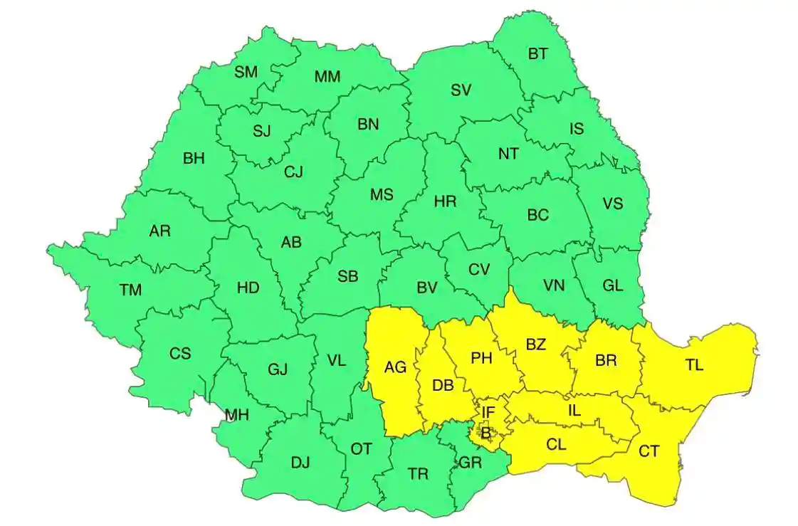 Harta ANM pentru codul galben meteo de vant puternic si ploi torentiale pentru 12 iunie 2026 Harta ANM pentru codul galben meteo de vant puternic si ploi torentiale pentru 12 iunie 2026