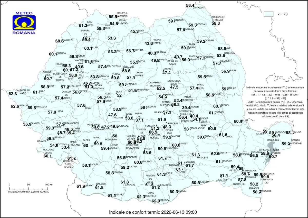 Harta meteo ANM cu indicele de confort termic in Romania pe 14 iunie 2026 Harta meteo ANM cu indicele de confort termic in Romania pe 14 iunie 2026