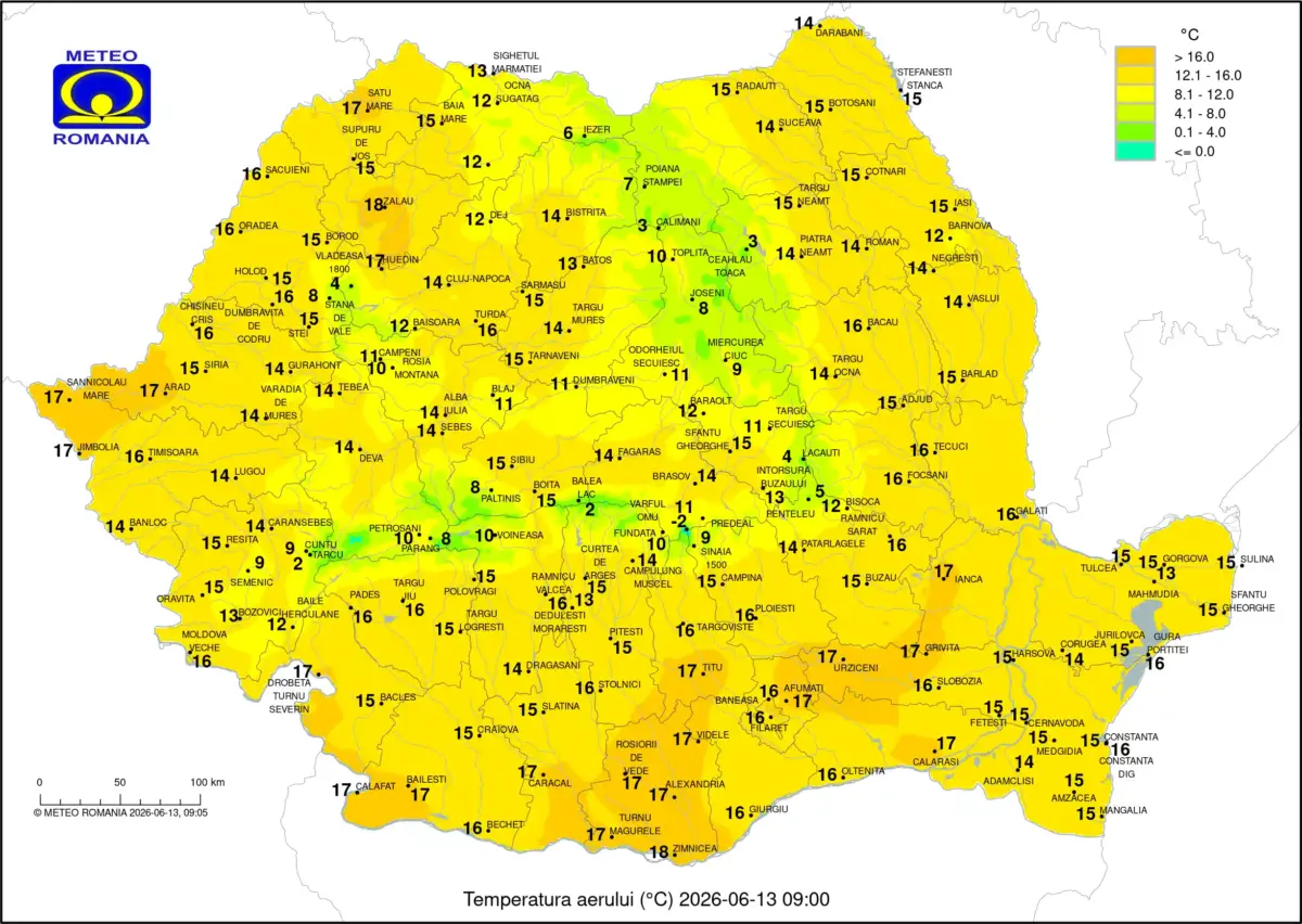 Harta meteo ANM cu temperatura Aerului in Romania pe 14 iunie 2026 Harta meteo ANM cu temperatura Aerului in Romania pe 14 iunie 2026