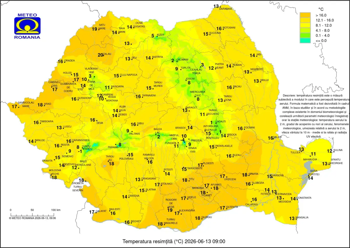 Harta meteo ANM cu temperatura resimtita in Romania pe 14 iunie 2026 Harta meteo ANM cu temperatura resimtita in Romania pe 14 iunie 2026