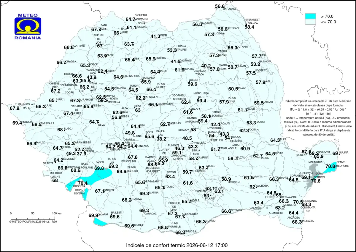Harta meteo cu indicene de confort termic in Romania - ANM - 12 iunie 2026 Harta meteo cu indicene de confort termic in Romania - ANM - 12 iunie 2026
