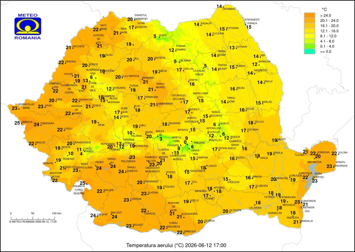 Harta meteo cu temperatura aerului in Romania - ANM - 12 iunie 2026 Harta meteo cu temperatura aerului in Romania - ANM - 12 iunie 2026