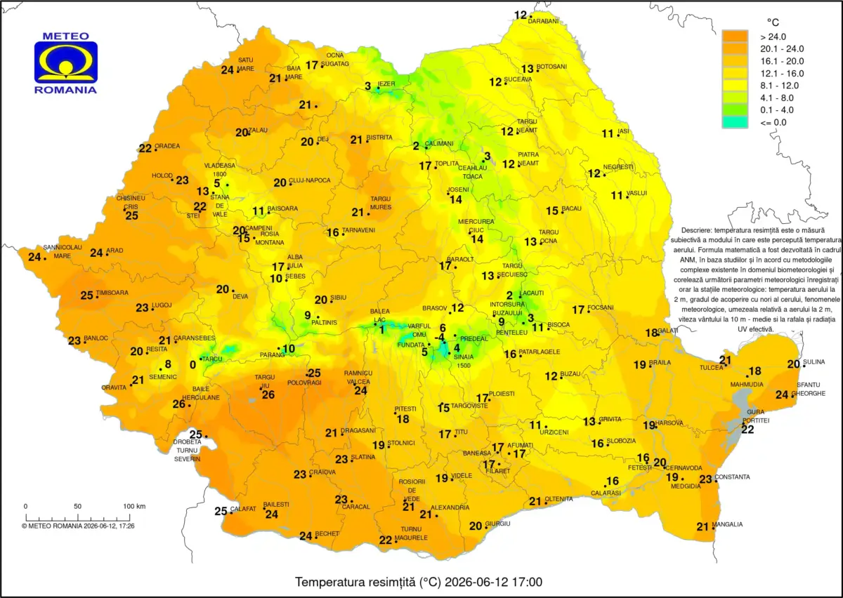 Harta meteo cu temperatura resimtita in Romania - ANM - 12 iunie 2026 Harta meteo cu temperatura resimtita in Romania - ANM - 12 iunie 2026