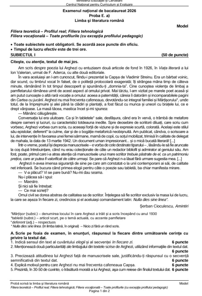 Subiecte BAC 2026 Romana profil uman | iDevice Subiecte BAC 2026 Romana profil uman