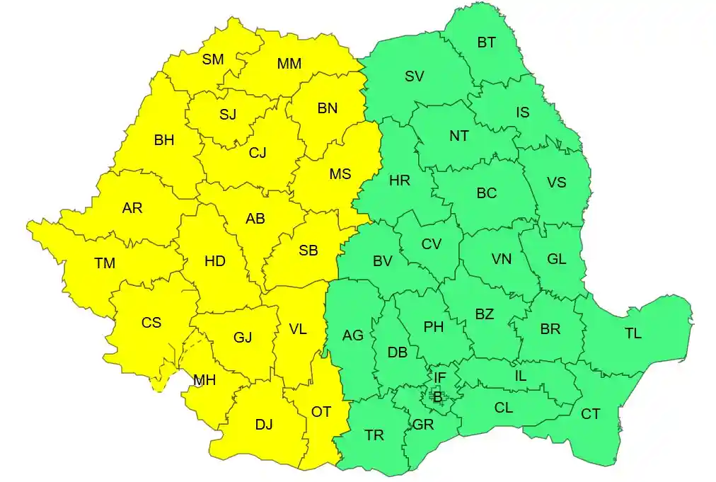 harta ANM cod galben canicula Romania, vremea si temperaturile judete harta ANM cod galben canicula Romania, vremea si temperaturile judete