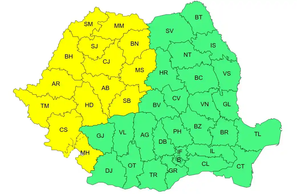 harta ANM cod galben canicula Romania, vremea si temperaturile harta ANM cod galben canicula Romania, vremea si temperaturile