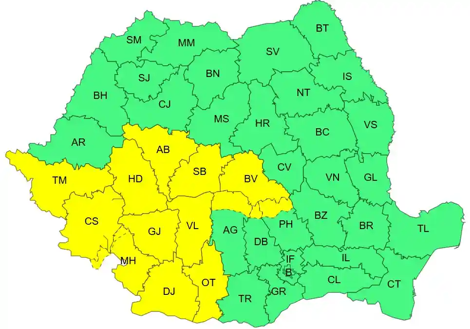 harta ANM cu ploi torentiale si vant puternic in Romania, cod galben pentru 14 iunie 2026 harta ANM cu ploi torentiale si vant puternic in Romania, cod galben pentru 14 iunie 2026