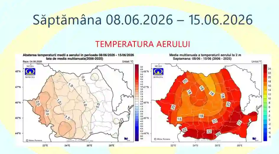 harta ANM cu temperaturile in Romania din 8 iunie 2026 harta ANM cu temperaturile in Romania din 8 iunie 2026
