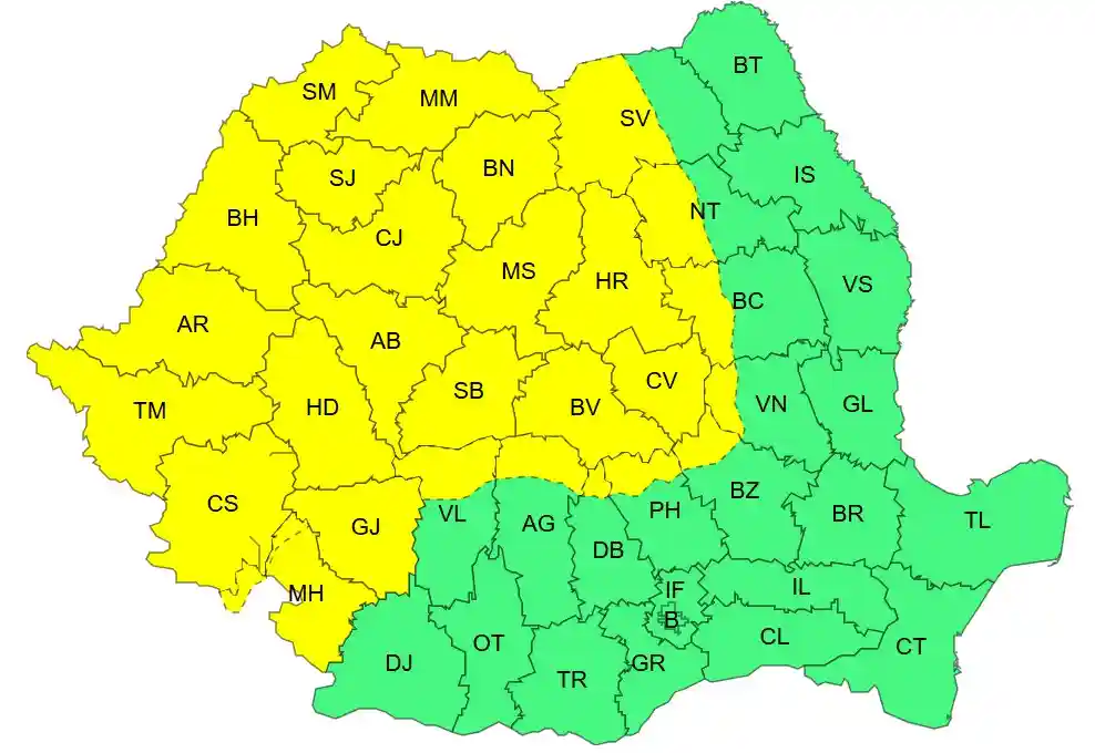 harta ANM cu vant puternic si ploi torentiale in Romania, cod galben pentru 14 iunie 2026 harta ANM cu vant puternic si ploi torentiale in Romania, cod galben pentru 14 iunie 2026