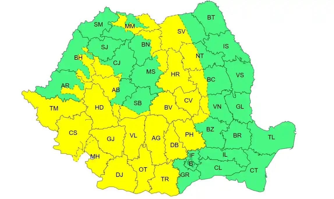 harta ANM meteo cu coduri galbene canicula furtuni ploi torentiale 23 iunie harta ANM meteo cu coduri galbene canicula furtuni ploi torentiale 23 iunie