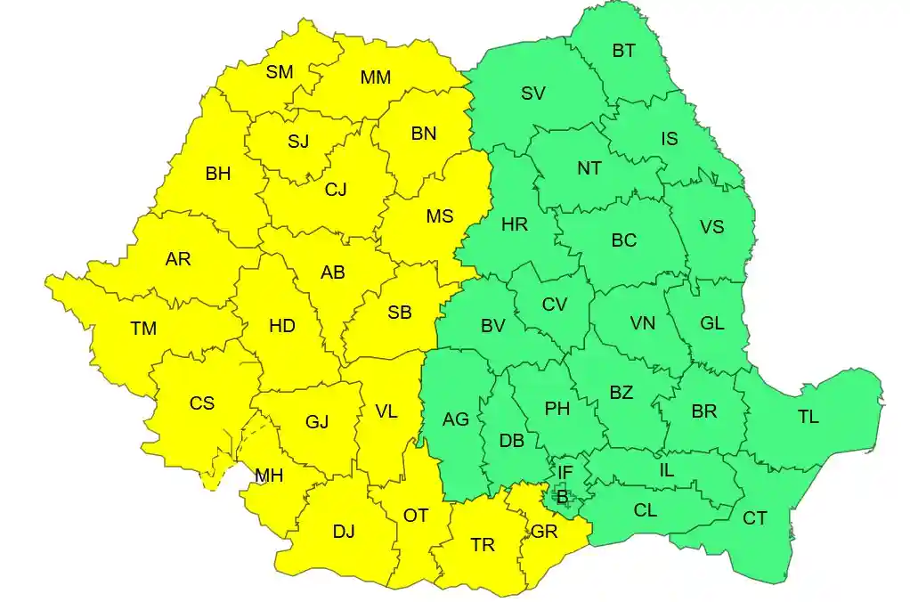 harta cod galben meteo canicula ANM Romania 21 iunie 2026 harta cod galben meteo canicula ANM Romania 21 iunie 2026