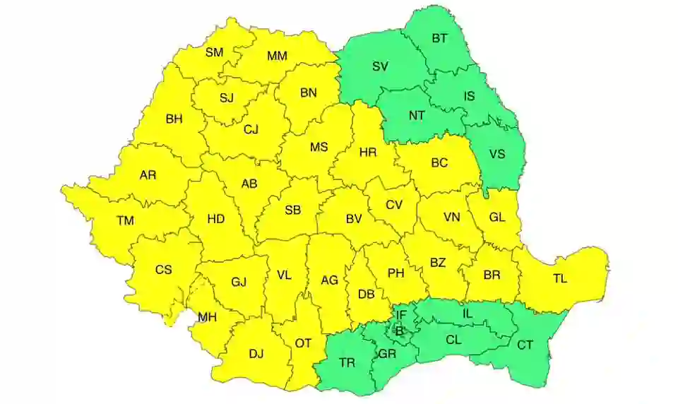 harta cod galben ploi torentiale romania 1 iunie 2026 harta cod galben ploi torentiale romania 1 iunie 2026