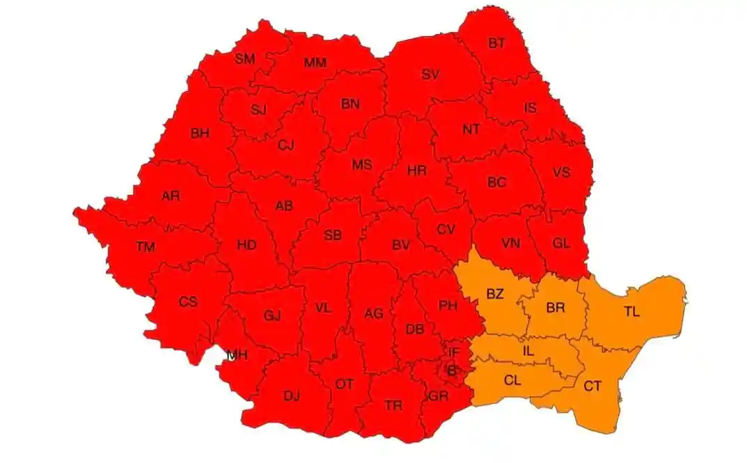 harta meteo cod rosu ANM de canicula in Romania pe 29 iunie 2026 harta meteo cod rosu ANM de canicula in Romania pe 29 iunie 2026
