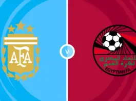 Split banner showing Argentina crest on blue left and Egypt Football Association badge on maroon right with a central divider.