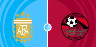 Split banner showing Argentina crest on blue left and Egypt Football Association badge on maroon right with a central divider.