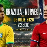 BRAZILIA - NORVEGIA LIVE ANTENA 1 Meci Vinicius Jr. Erling Haaland Cupa Mondiala FIFA 2026 | iDevice.ro Promo poster for Brazil vs Norway football match, July 5, 2026 at 23:00, featuring players in yellow and red kits with national flags in the background.