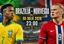 BRAZILIA – NORVEGIA LIVE ANTENA 1, Meci cu Vinicius Jr. si Erling Haaland la Cupa Mondiala FIFA 2026 Promo poster for Brazil vs Norway football match, July 5, 2026 at 23:00, featuring players in yellow and red kits with national flags in the background.