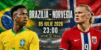 Promo poster for Brazil vs Norway football match, July 5, 2026 at 23:00, featuring players in yellow and red kits with national flags in the background.