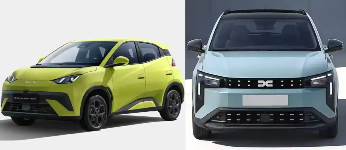 Two cars parked side by side: a lime-yellow compact hatchback on the left and a light-blue SUV facing forward on the right.