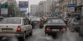 Heavy traffic on a busy city street with cars bumper to bumper on a wet road.