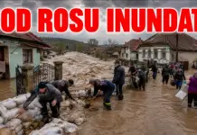 Cod ROSU Meteo de INUNDATII Emis de INHGA pe 22 Iulie 2026 in Romania, Zonele Vizate de ALERTA Village floods as muddy water rises; residents and volunteers stack sandbags to build a barrier around homes.