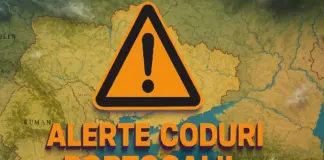 Orange warning triangle centered over a map background with Romanian text about orange code alerts.