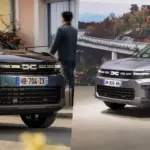 DACIA Bigster rechemare Duster 3 | iDevice.ro Two modern SUVs face-to-face in a showroom, with a man standing between them inspecting the vehicles