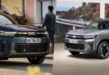 DACIA Bigster si Duster 3 Rechemate in Service, DEFECTUL Periculos Dezvaluit de DACIA Two modern SUVs face-to-face in a showroom, with a man standing between them inspecting the vehicles