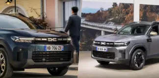 Two modern SUVs face-to-face in a showroom, with a man standing between them inspecting the vehicles
