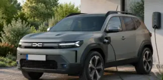 Gray SUV plugged into a wall-mounted electric vehicle charger outdoors by a house, with cable attached to the front side port and visible greenery nearby.