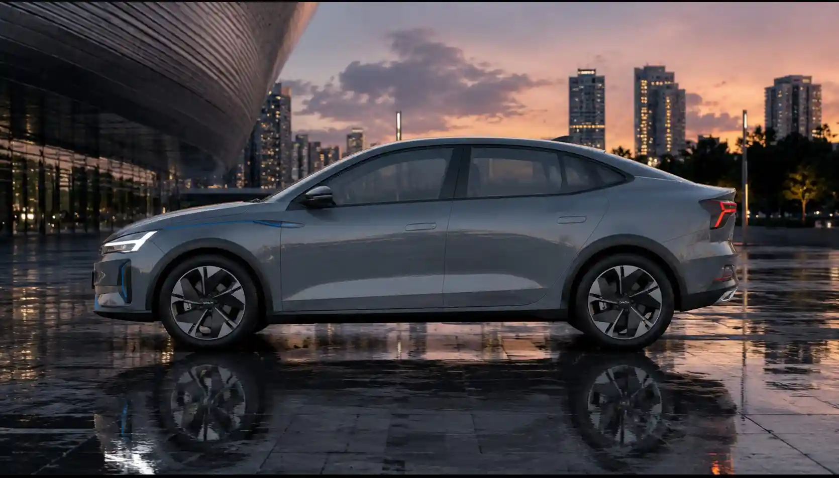 DACIA Logan 4 euro 7 | iDevice.ro Side profile of a silver electric sedan parked on a wet reflective surface at sunset with a city skyline in the background.