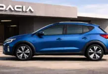 DACIA Sandero 4: Provocarea IMPOSIBILA pentru DACIA in Europa Venita din SUA si China Blue SUV parked in front of a dealership with a concrete façade and the word DACIA visible above the entrance.