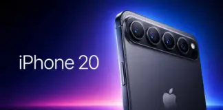 Back of a dark iPhone 20 showing a quad-camera module against a blue‑purple gradient background