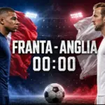 FRANTA - ANGLIA LIVE ANTENA 1 Finala Mica Kylian Mbappe Harry Kane Cupa Mondiala FIFA 2026 Two male soccer players face off in front of the French and English flags, with a soccer ball between them and a countdown timer in the foreground.
