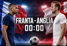 Two male soccer players face off in front of the French and English flags, with a soccer ball between them and a countdown timer in the foreground.