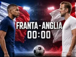 Two male soccer players face off in front of the French and English flags, with a soccer ball between them and a countdown timer in the foreground.