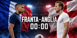 Two male soccer players face off in front of the French and English flags, with a soccer ball between them and a countdown timer in the foreground.