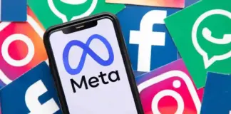 Phone displaying Meta logo surrounded by colorful social media icons (Facebook, Instagram, WhatsApp)