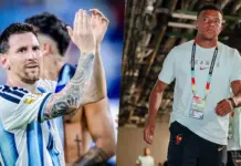 Two men in a split-screen scene: left man claps with tattooed arm in a blue-striped jersey, right man walks wearing a light blue shirt and event lanyard.