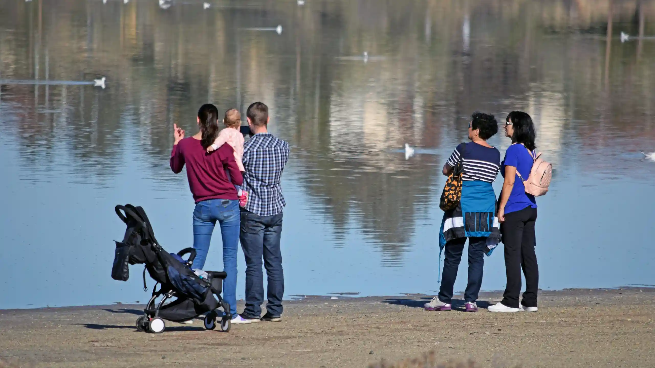 A group of adults stands at the water’s edge with a baby, near a parked stroller on a rocky shore by a calm lake.