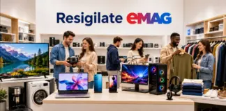 Shoppers in a bright electronics store examining laptops, smartphones, and accessories on display.